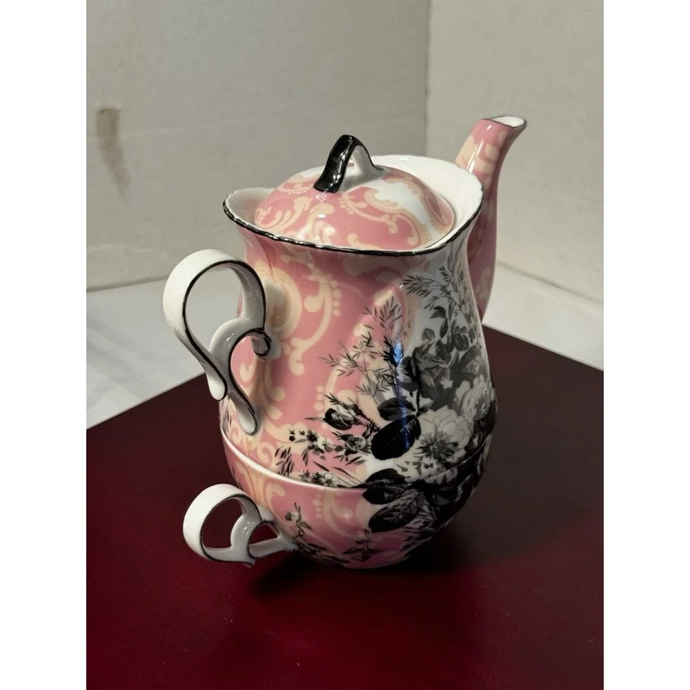 3 Piece Tea Pot With Cup pink Black and white Tea pot with lid In Excellent Cond